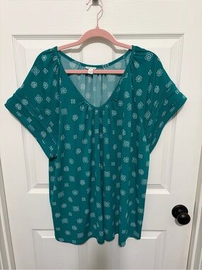 Cato Teal Green Floral Short Sleeve Blouse